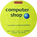 A yellow plastic bag with a computer shop logo and details printed on it